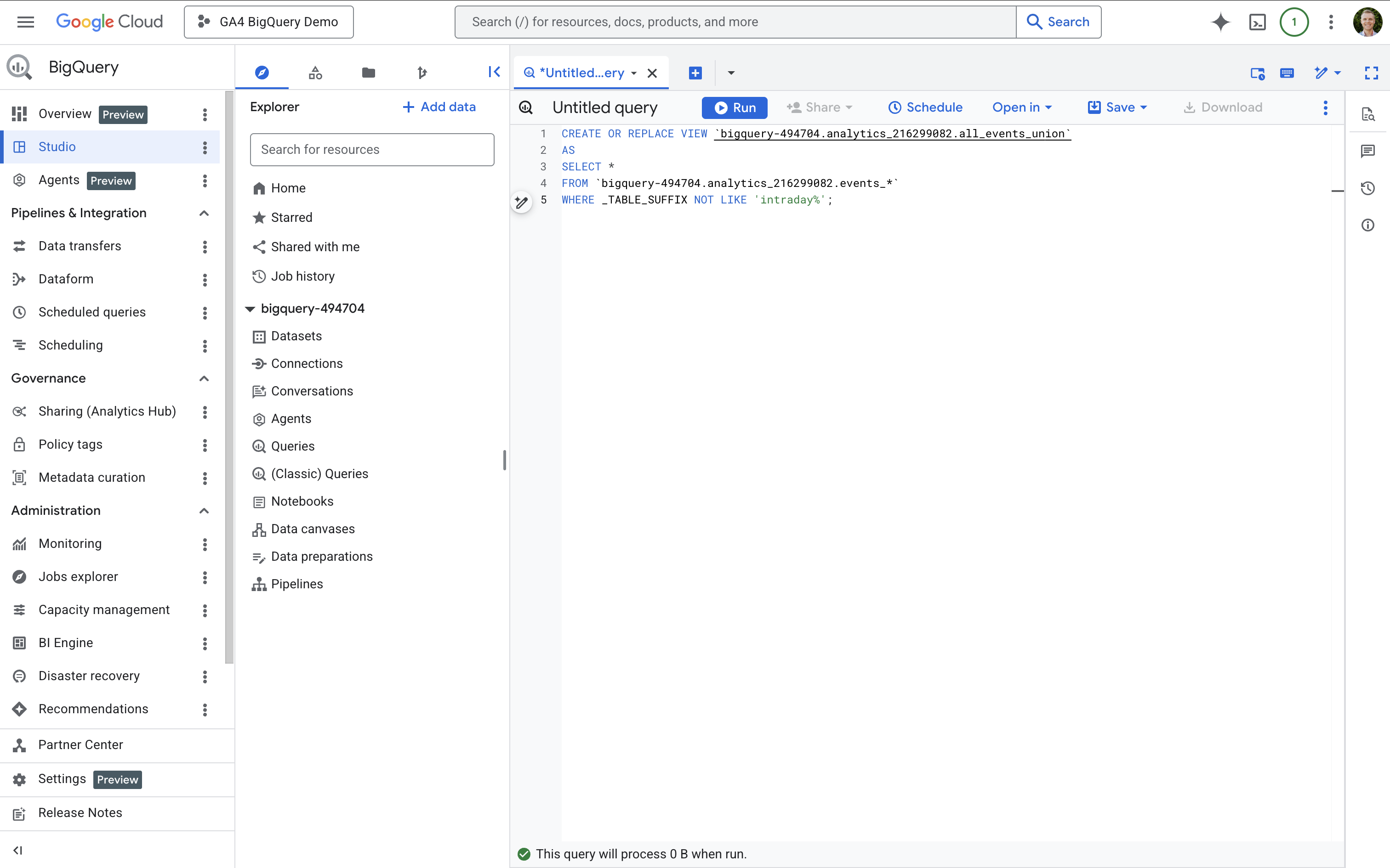 Creating an all_event_union view in BigQuery