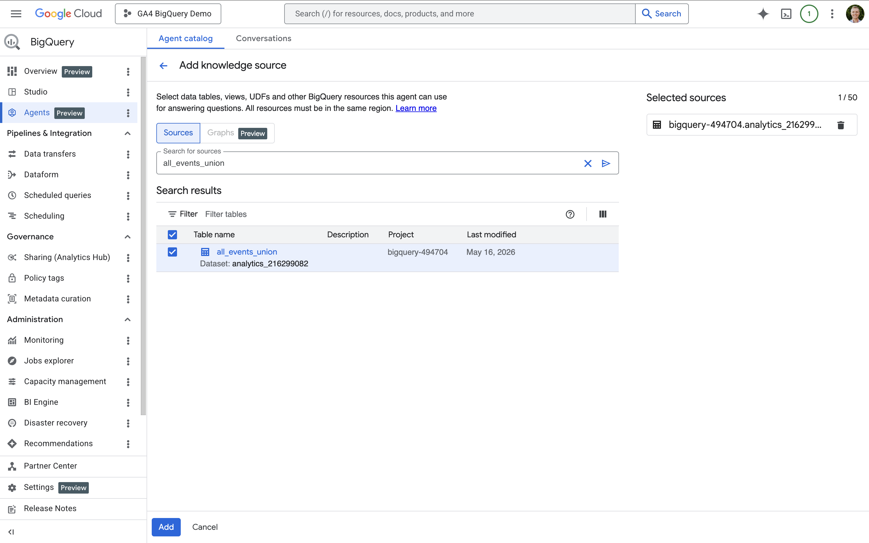 Adding the all_events_union View as the source for the agent