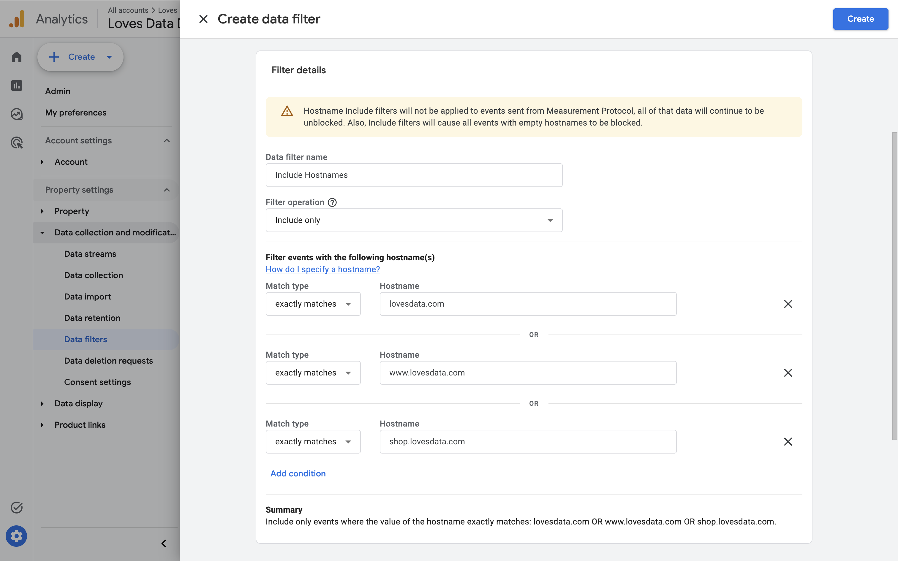 Google Analytics included hostname filter configured
