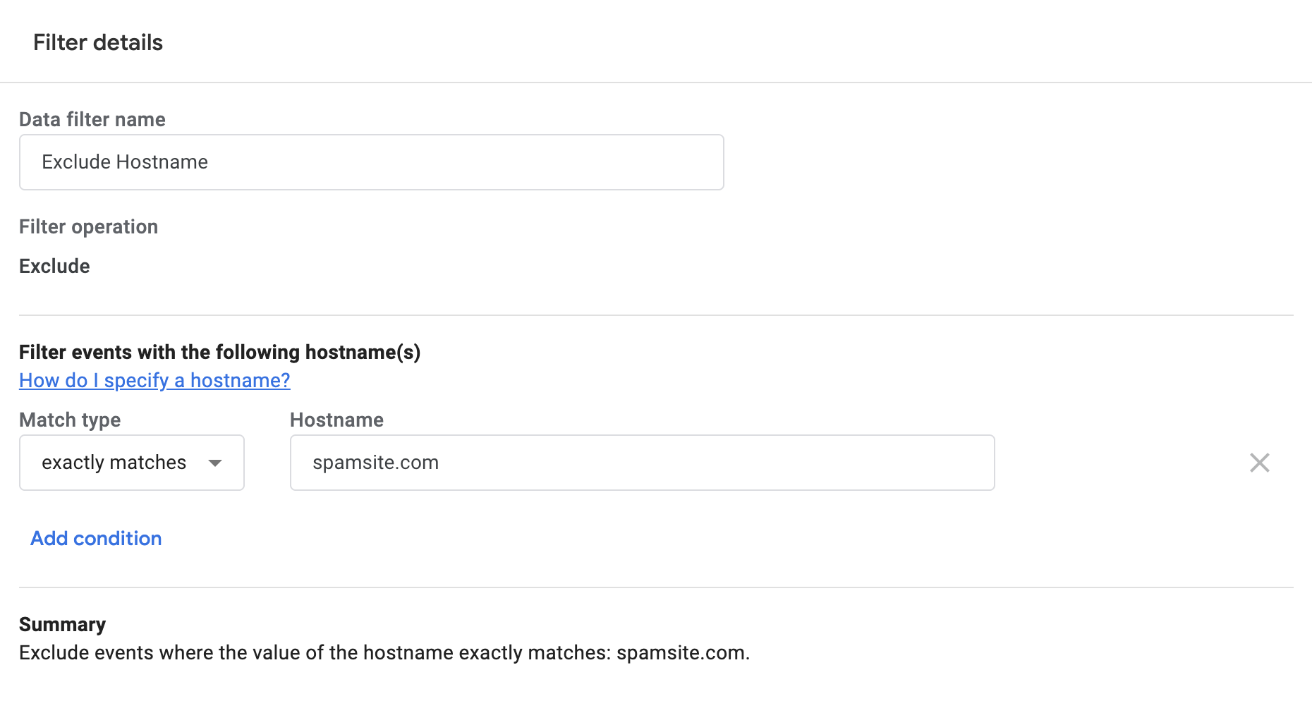 Hostname filter configured for spamsite.com in Google Analytics