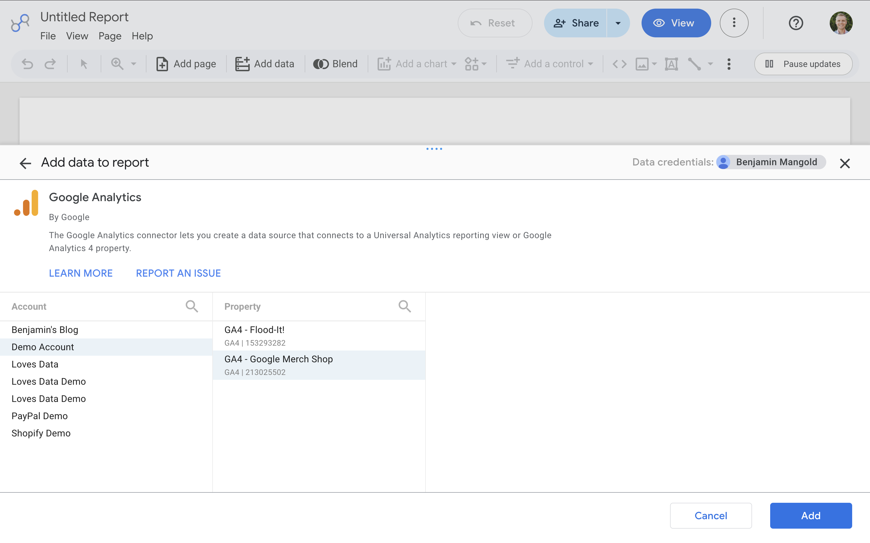Using the demo property as a data source in Data Studio