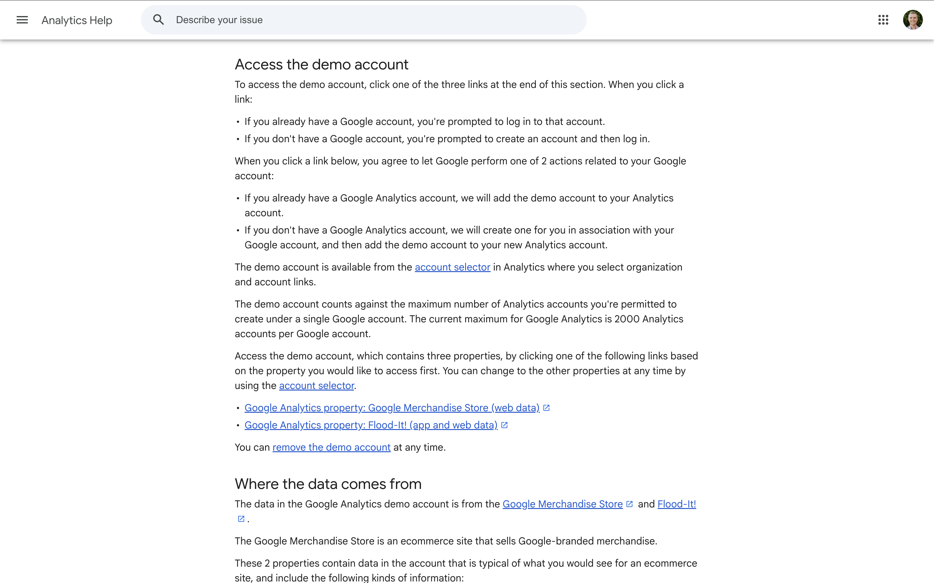 Google Analytics Help article about the demo properties