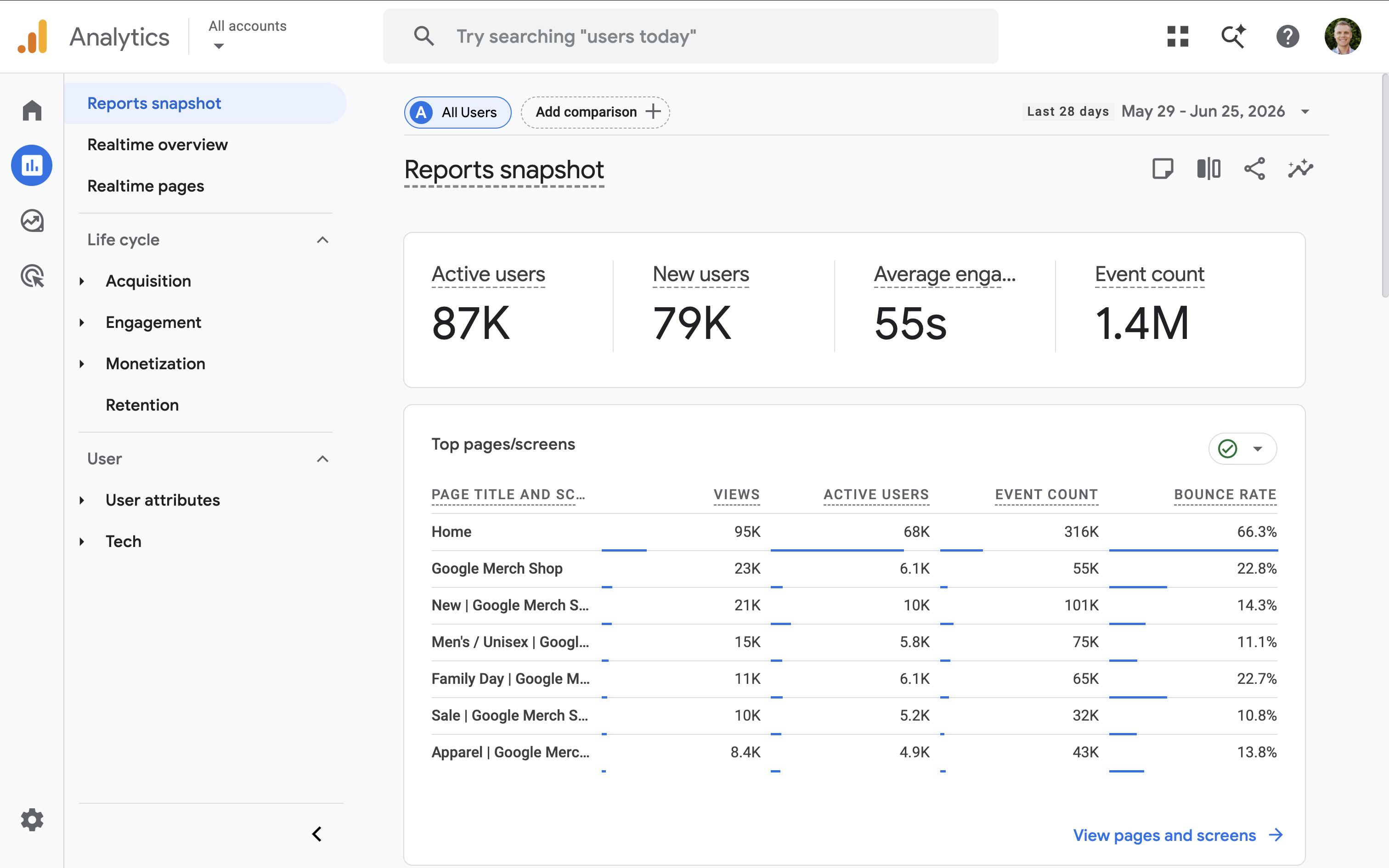 Google's demo property for the Google Merchandise Store
