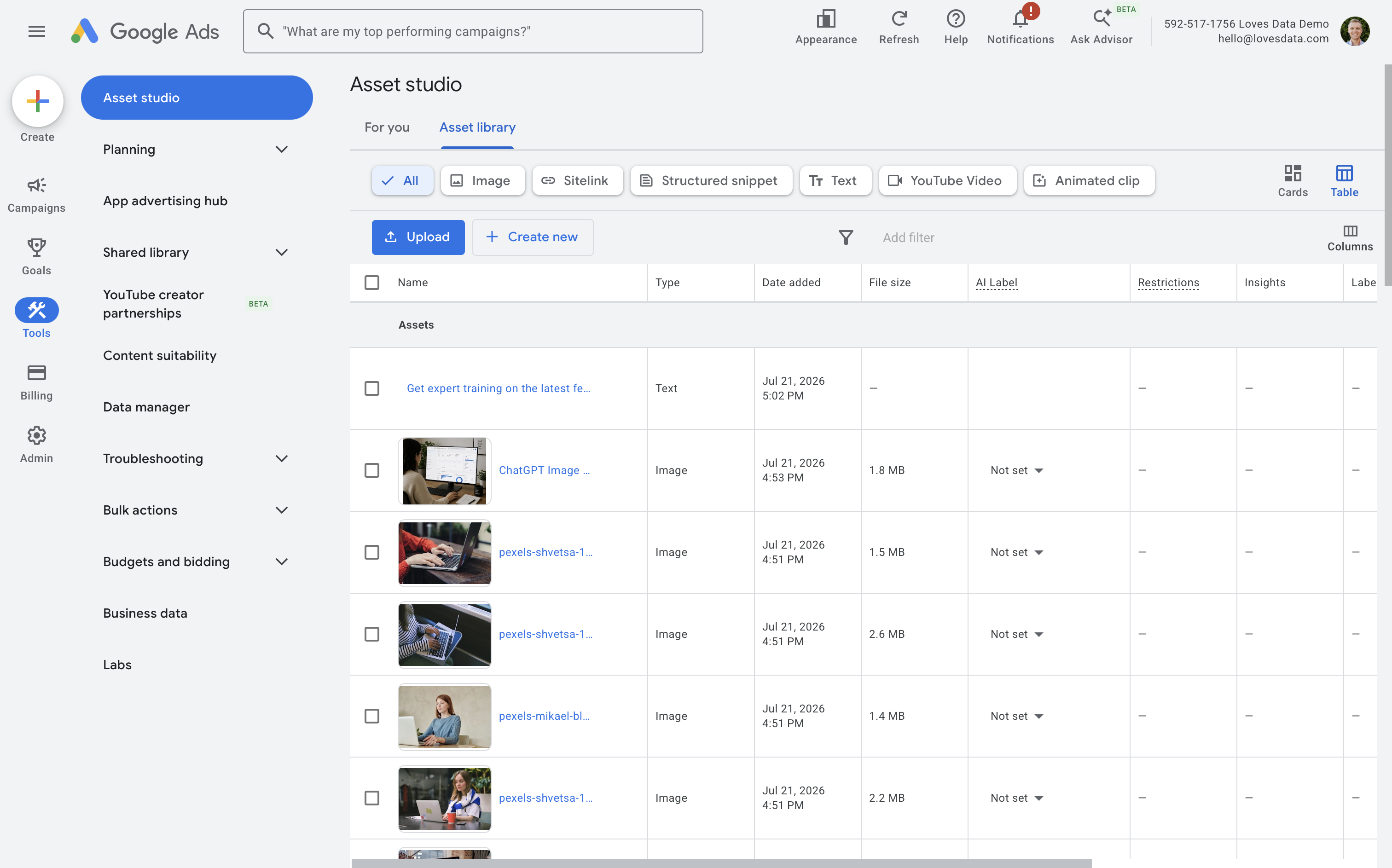 Column showing 'AI label' in the Asset Studio