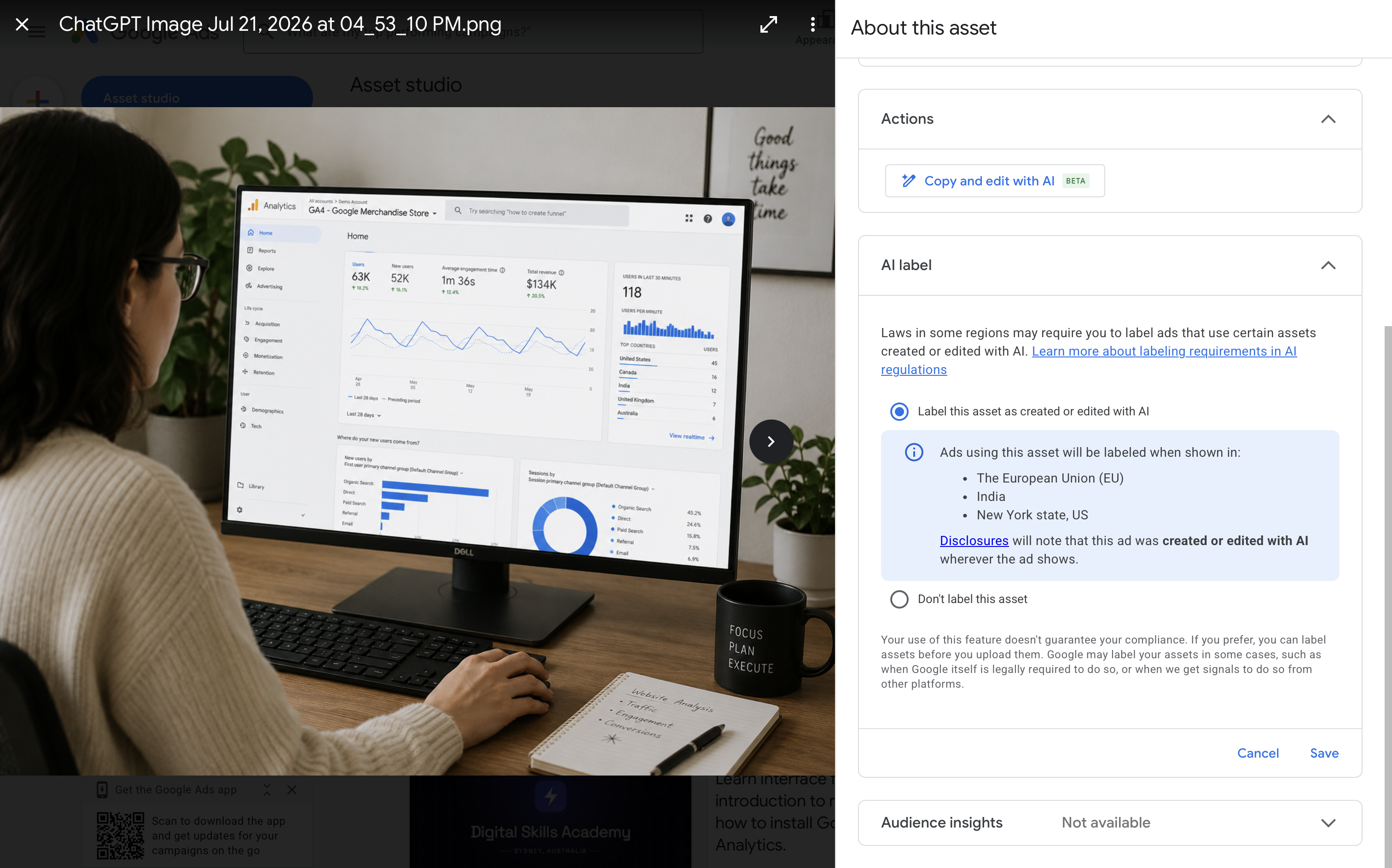 Google Ads interface with 'Label this asset as created or edited with AI' selected