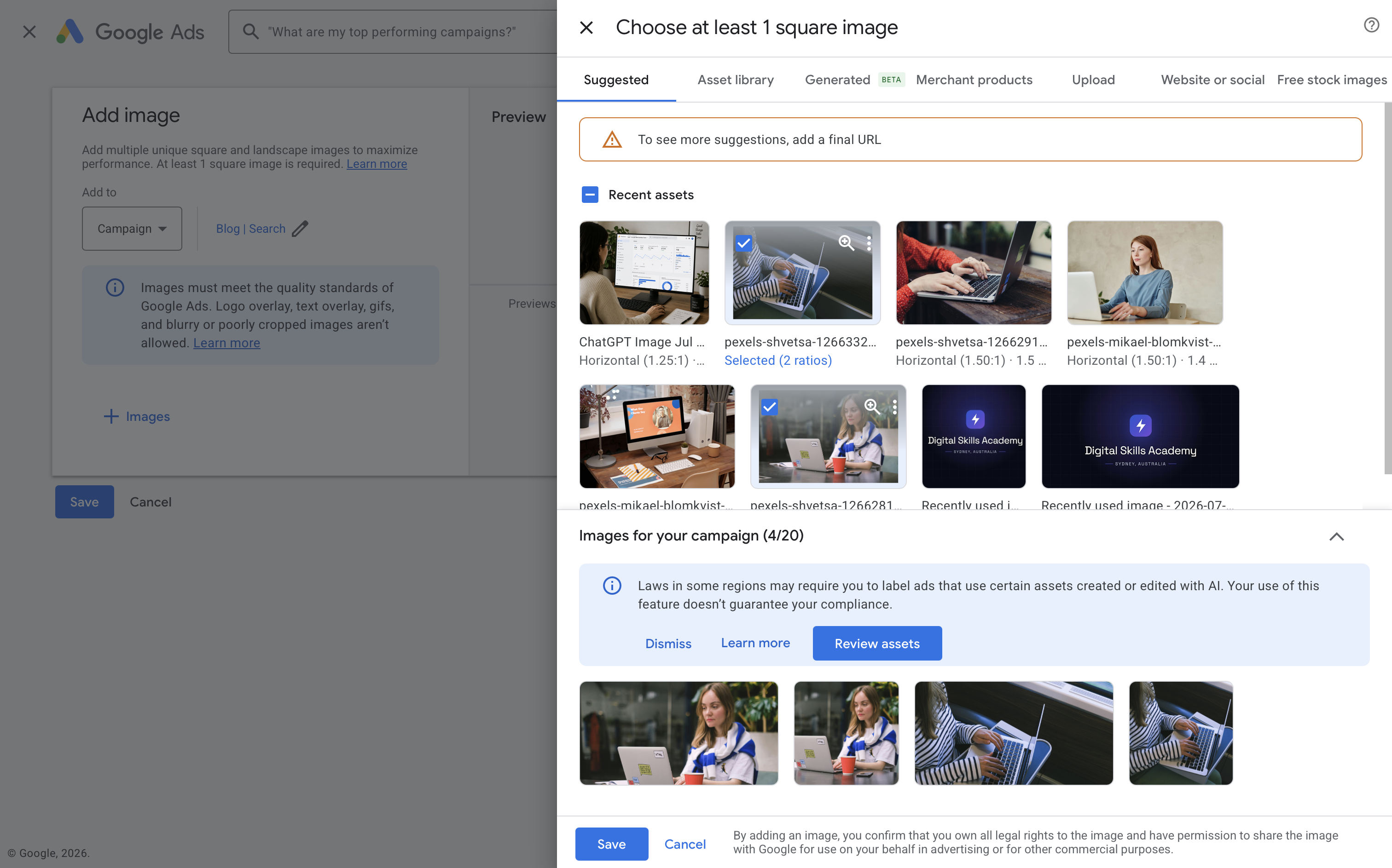 Adding assets can prompt you to 'Review assets' for AI usage