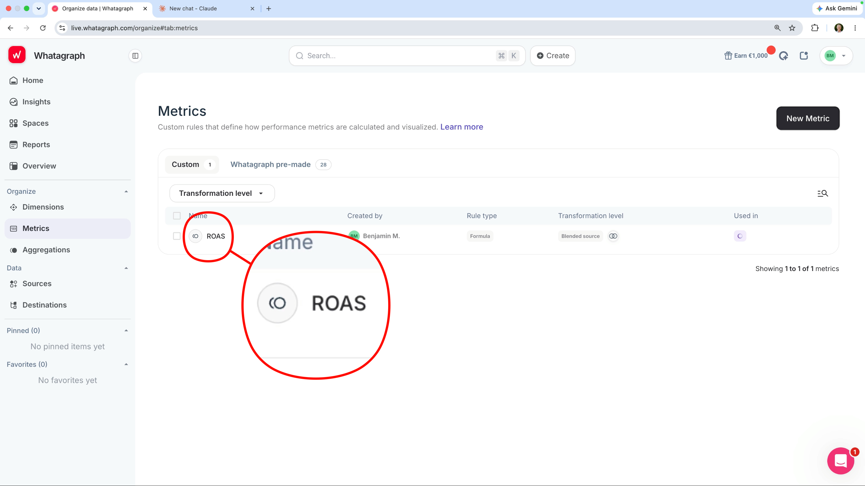 Custom ROAS metric configured in Whatagraph