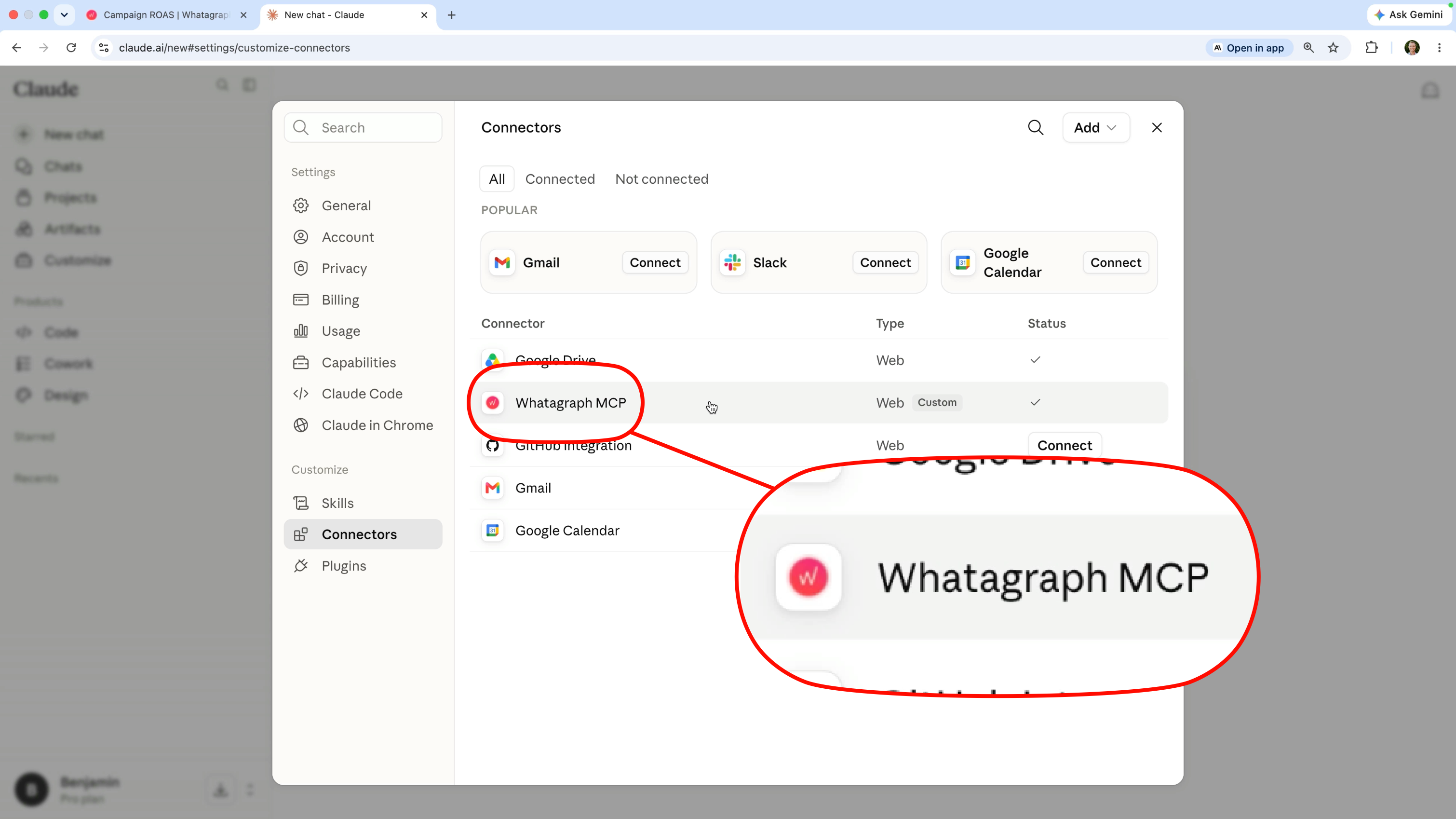 Whatagraph MCP connected to Claude