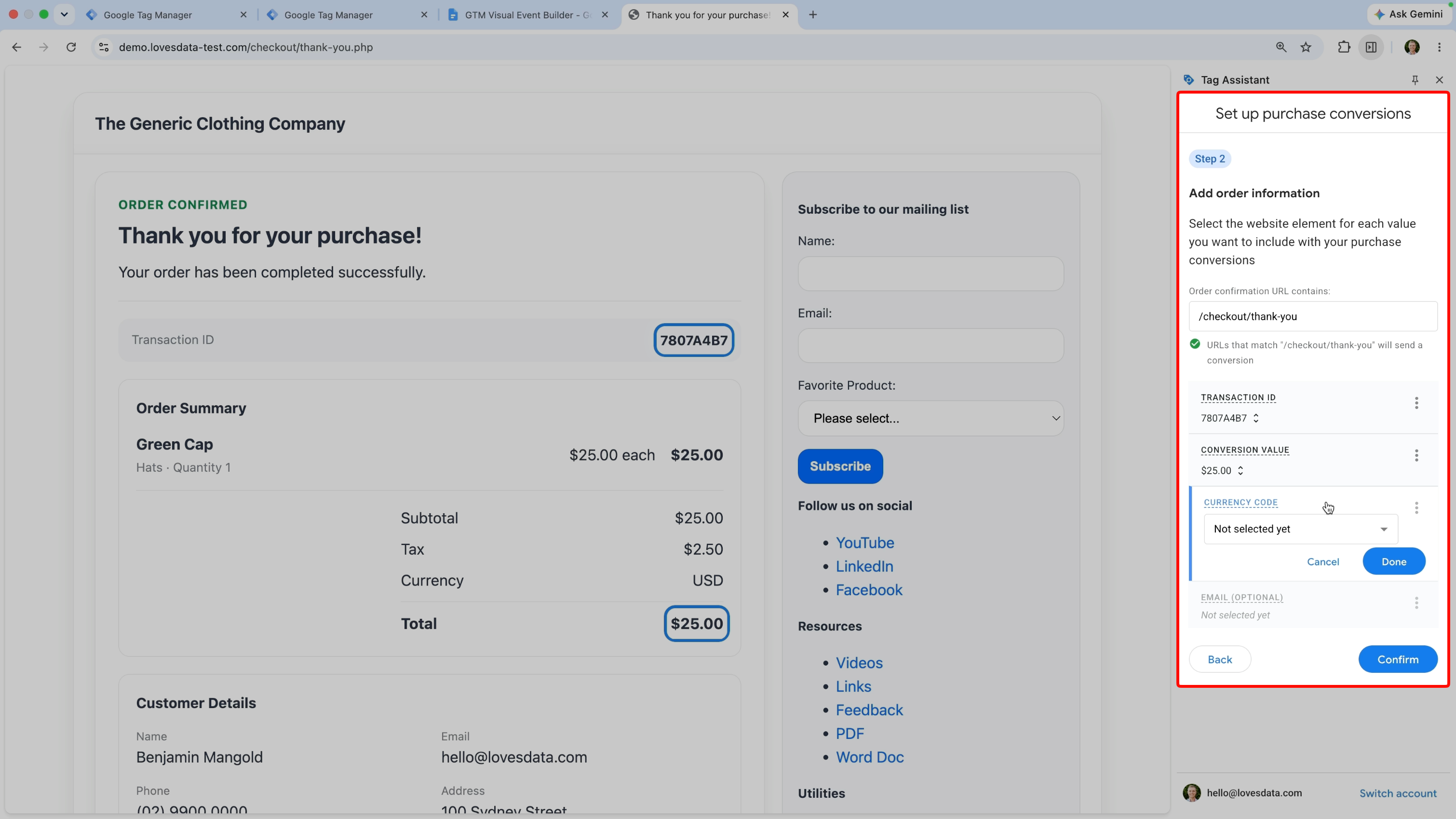 Visual Event Builder loaded in Tag Assistant with transaction ID and conversion value selected