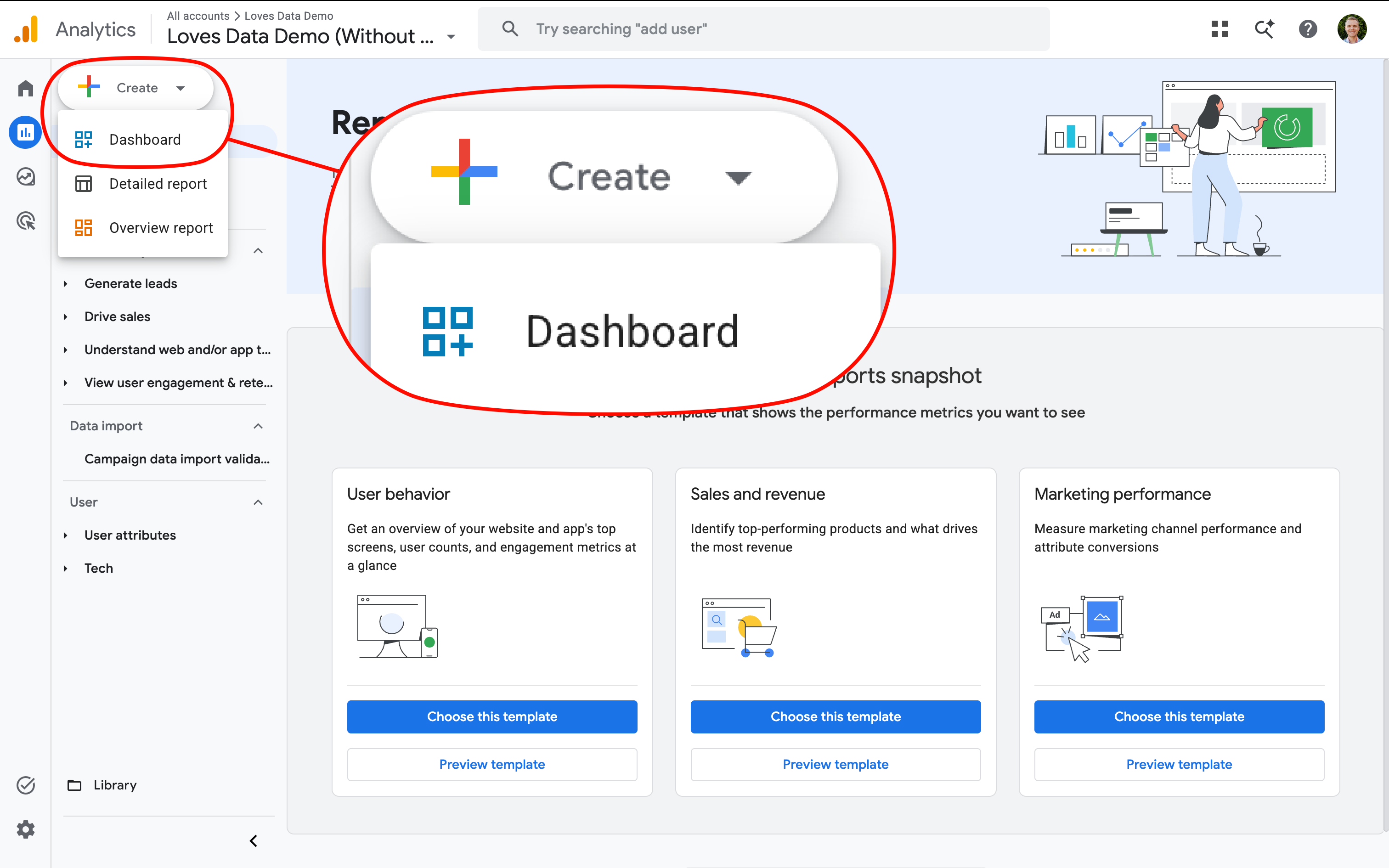 'Create' button lets you create dashboards in Google Analytics