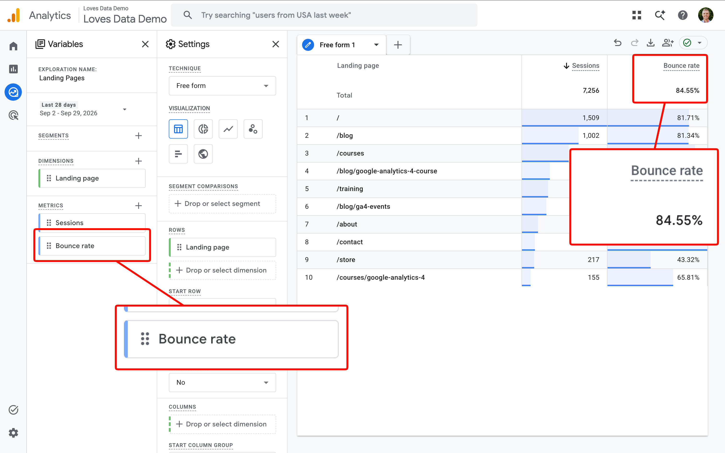 Bounce rate metric included in an exploration report