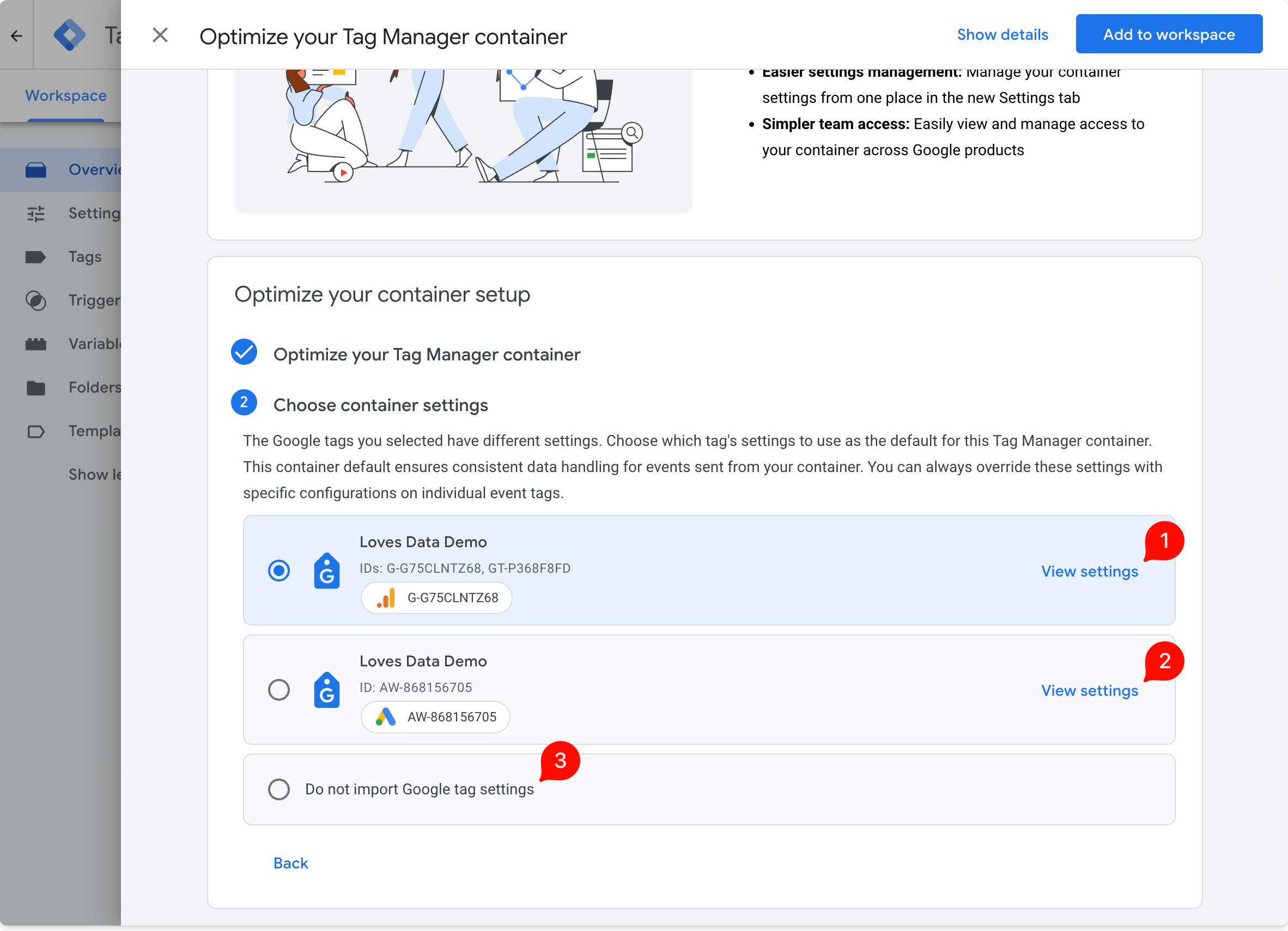 Screenshot showing Choose container settings, View settings, and the selected source tag