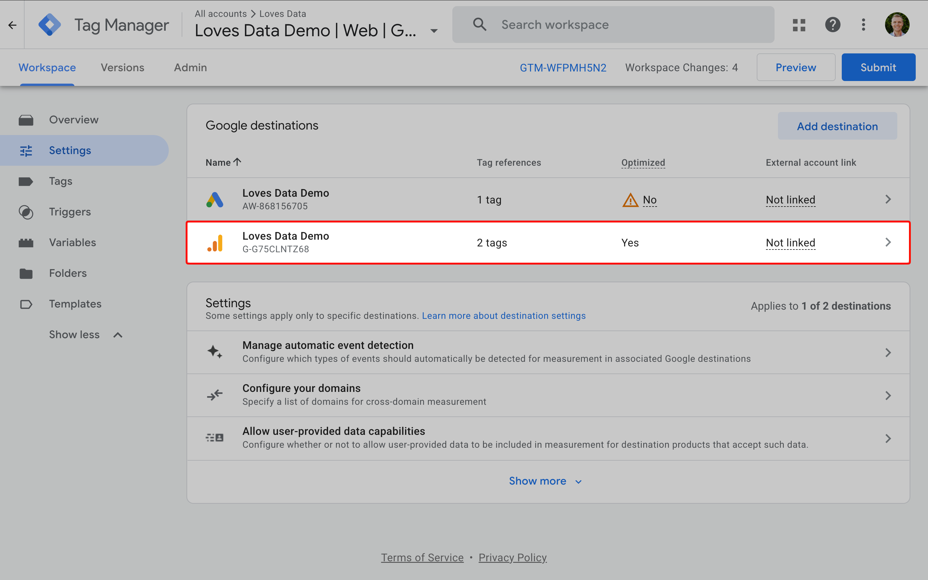 Screenshot showing an optimized destination with Not linked under External account link