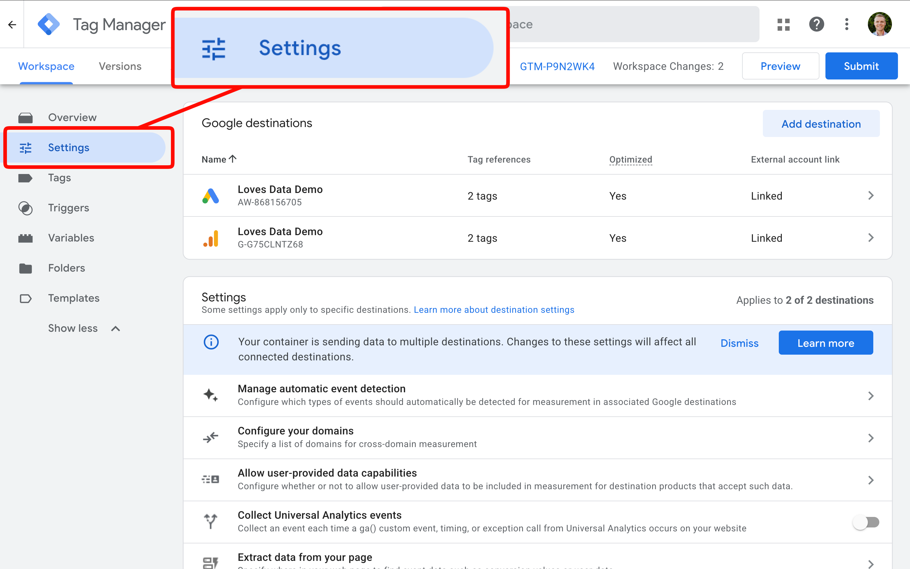 Screenshot showing Settings once destinations are added in Google Tag Manager