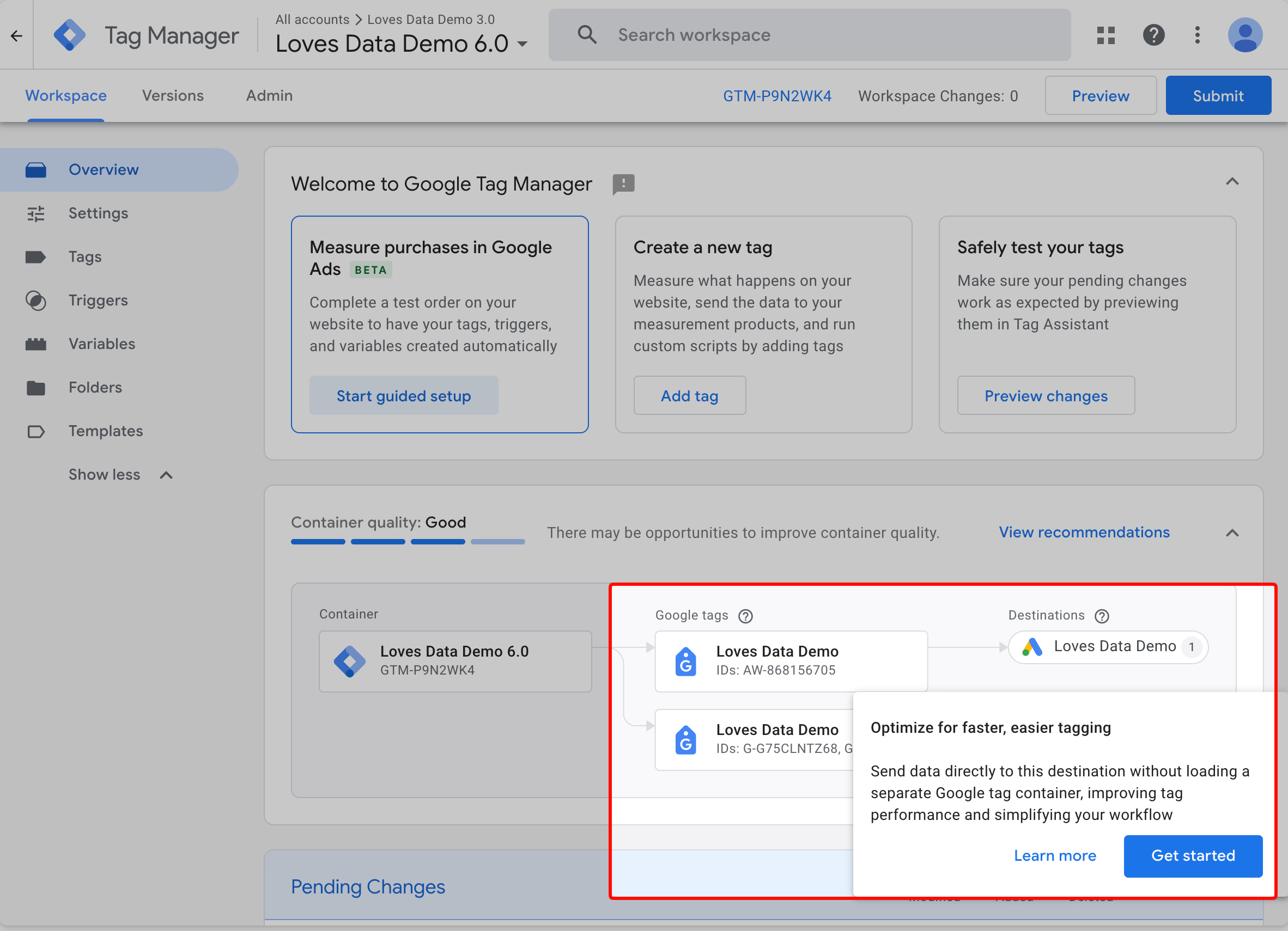 Screenshot showing the Google tag hover popover and its Get started button